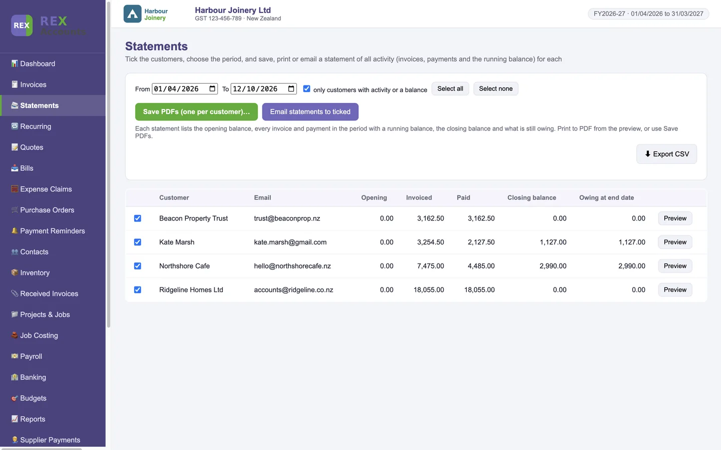 Customer statements screen