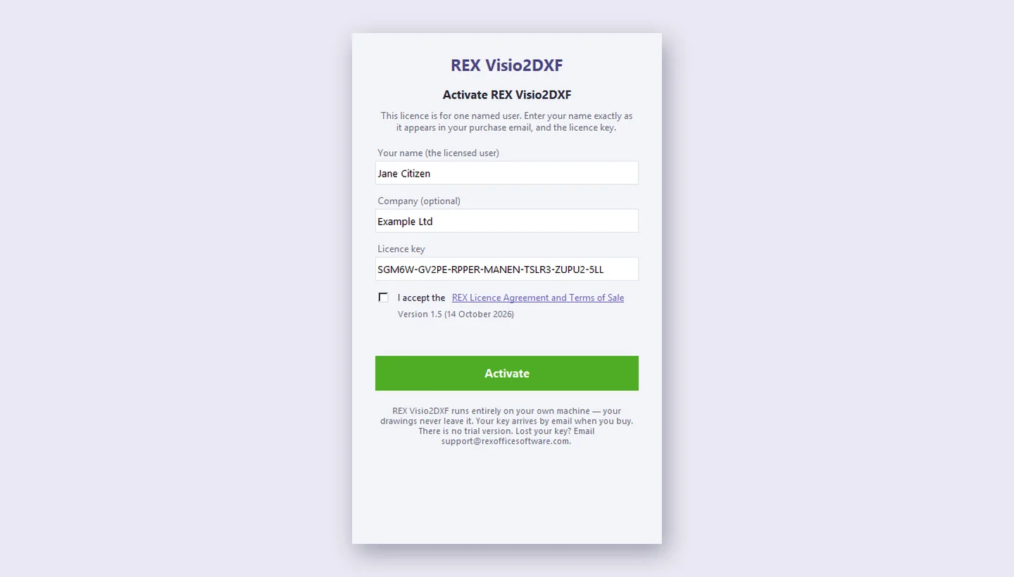 REX Visio2DXF activation window